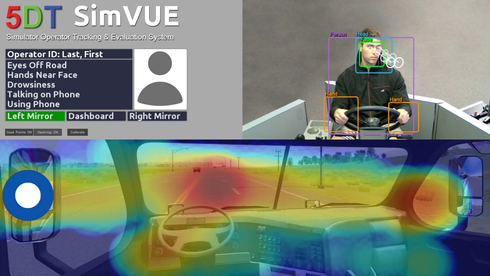 SimVUE™ with heatmap functionality turned on. The heatmap shows the dwell time of the simulator occupant’s gaze point. The simulator occupant is checking his left mirror. Both the operator’s hands are on the steering wheel.